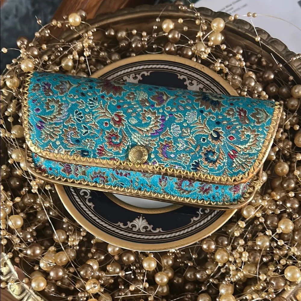 Vintage Turquoise Blue and Gold Paisley Eyeglass Case